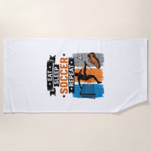 Eat Sleep Soccer Repeat ビンテージ サッカー プレイヤー Tシャツ ビーチタオル