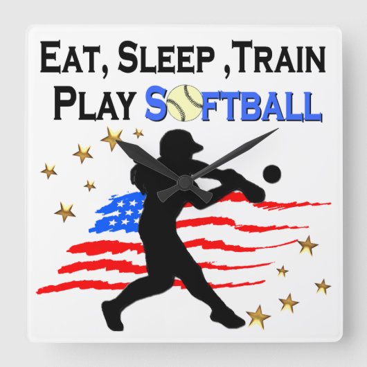 EAT, SLEEP, TRAIN PLAY SOFTBALL 愛国デザイン スクエア壁時計 (正面)