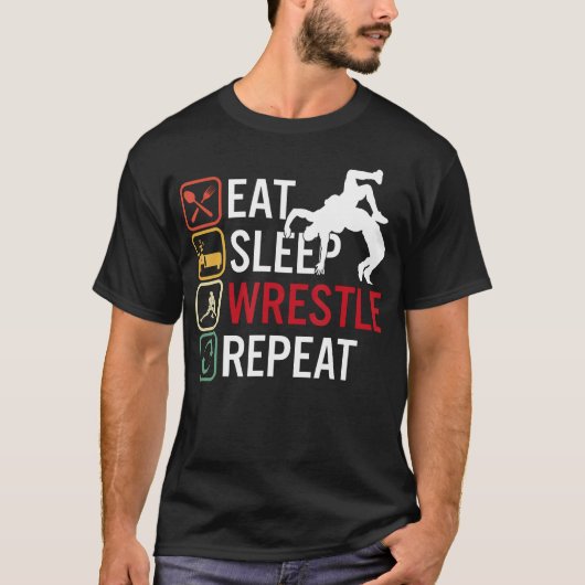 Eat Sleep Wrestle Repeat Wrestling Tシャツ (正面)