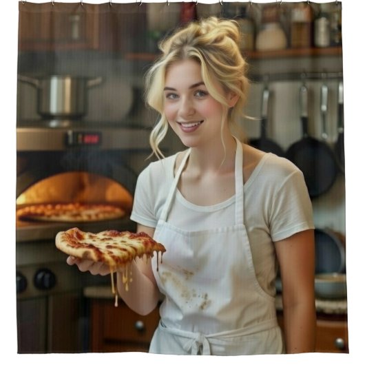 Eating Pizza Photo Personalize Customize シャワーカーテン (正面)