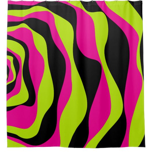 Ebbとフロー4、ライムグリーン、ホットピンクとブラック シャワーカーテン (正面)
