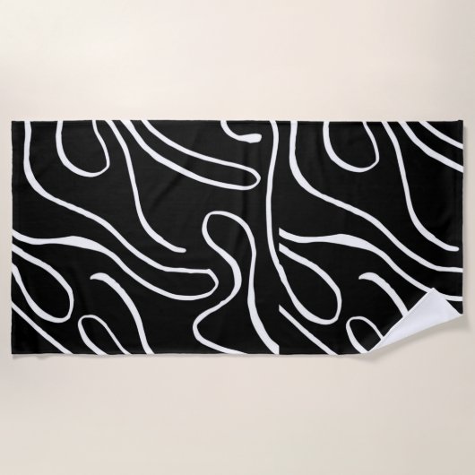 Ebb and Flow 2 - Black on White Beach Towel ビーチタオル (正面)