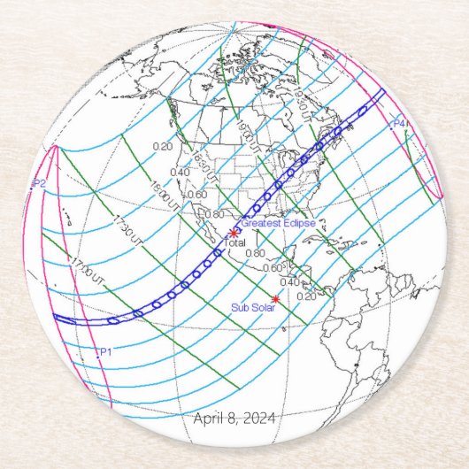 Eclipse 太陽の 2024のグローバルパス合計 ラウンドペーパーコースター (正面)
