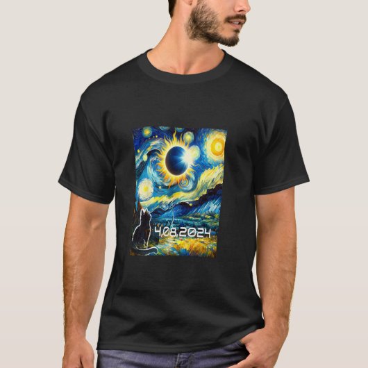 Eclipse 太陽の 2024 Tシャツ猫とヴァン・ゴッホ・スター Tシャツ (正面)