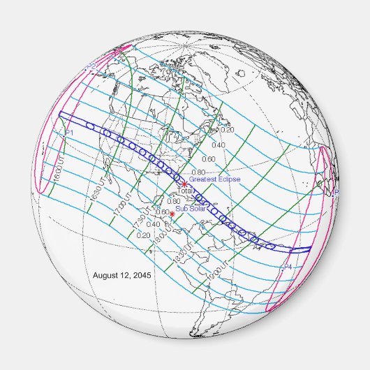 Eclipse 太陽の 2045のグローバルパス合計 マグネット (正面)