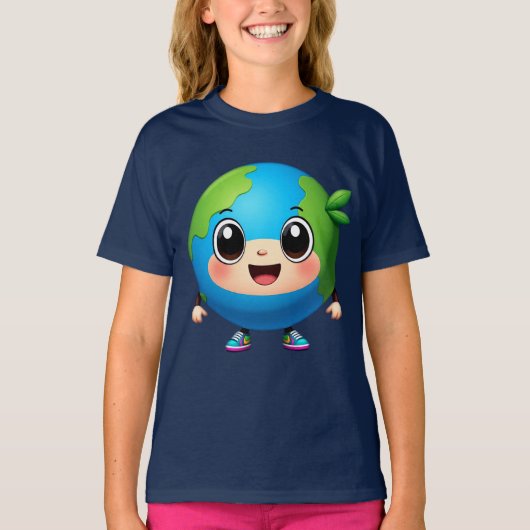 Eco Cartoon Earth Tee for Girls Cute Planet Tシャツ (正面)