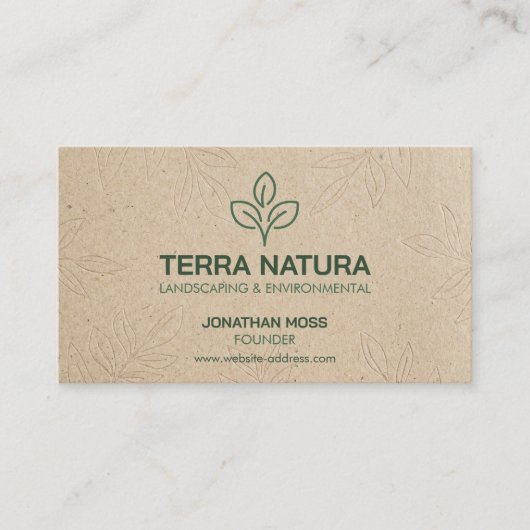 Eco-Friendly Leaf Logo Kraft Look Landscaping 名刺 (正面)