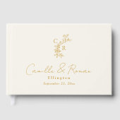 Ecru/Gold Floral Monogram Calligraphy Wedding ゲストブック (正面)