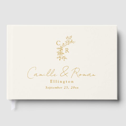 Ecru/Gold Floral Monogram Calligraphy Wedding ゲストブック (正面)