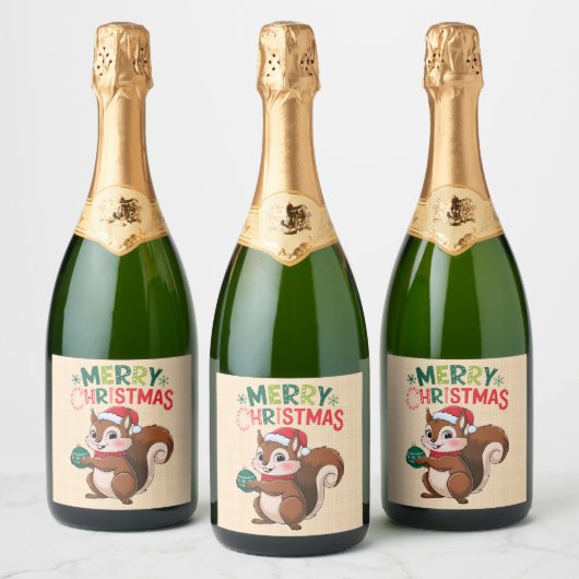 Écureuil de Noël festif avec boule de noël スパークリングワインラベル (ボトル)