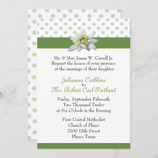 Edelweissおよび緑の水玉模様の結婚式招待状 招待状 (正面/裏面)