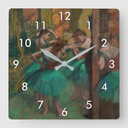 Edgar Degas – ダンサー、ピンクとグリーン スクエア壁時計 (正面)