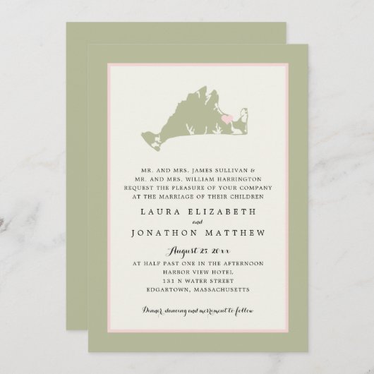 EDGARTOWN Marthas Vineyardピンクのマップ結婚ズ 招待状 (正面/裏面)