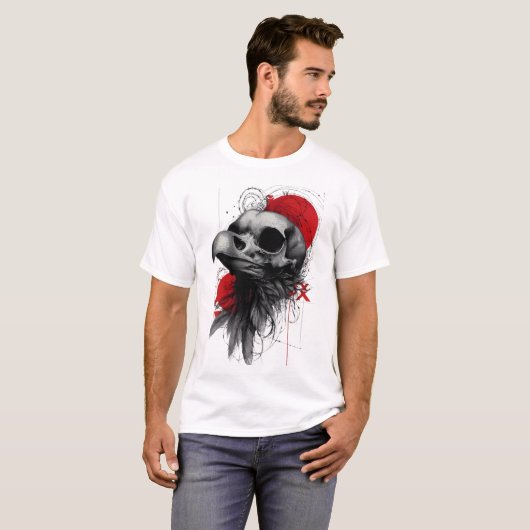 Edgy Crow Skull Gothic Grunge Street Art T-Shirt Tシャツ (正面フル)