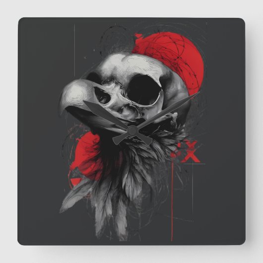 Edgy Crow Skull Gothic Grunge Wall Clock スクエア壁時計 (正面)