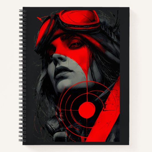 Edgy Cyberpunk Dystopian Girl Red Target ノートブック (正面)