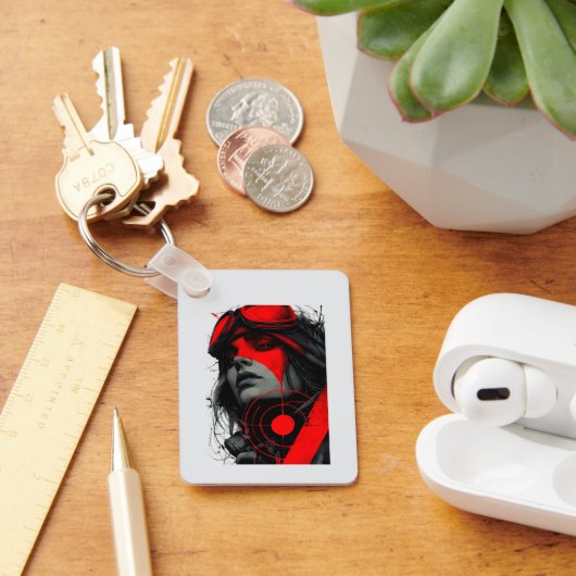 Edgy Cyberpunk Dystopian Girl Red Target Keychains キーホルダー (デスク)