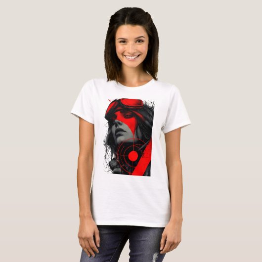 Edgy Cyberpunk Dystopian Girl Red Target Women's Tシャツ (正面フル)