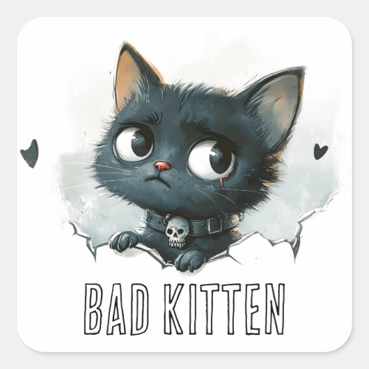 Edgy Kittenイラストレーション- "Bad Kitten"文字 スクエアシール (正面)