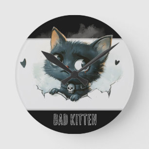 Edgy Kittenイラストレーション- "Bad Kitten"文字 ラウンド壁時計