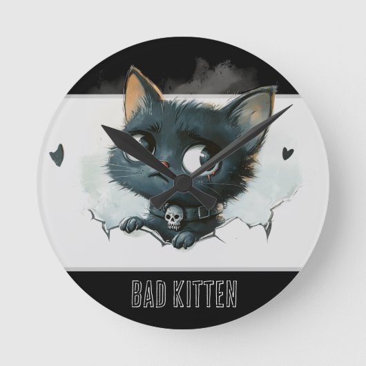 Edgy Kittenイラストレーション- "Bad Kitten"文字 ラウンド壁時計 (正面)