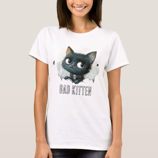 Edgy Kittenイラストレーション- "Bad Kitten"文字 Tシャツ (正面)