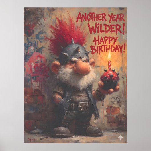Edgy Punk Rock Gnome Birthday Greeting ポスター (正面)