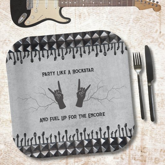 Edgy Rockstar Metal Guitar Black Gray Paper Plates ペーパープレート