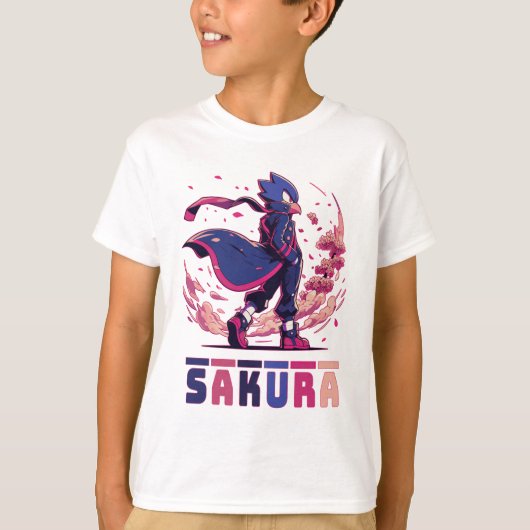 Edgy Sakura Warrior Bird Anime Illustration Tシャツ (正面)