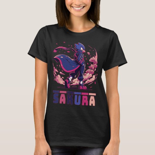 Edgy Sakura Warrior Bird Anime Illustration Tシャツ (正面)