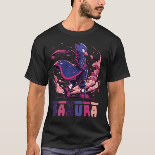 Edgy Sakura Warrior Bird Anime Illustration Tシャツ (正面)