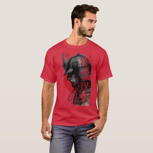 Edgy Samurai Warrior Japanese Ink Art Red Sun Tシャツ (正面フル)