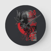 Edgy Samurai Warrior Japanese Ink Red Sun ラウンド壁時計 (正面)
