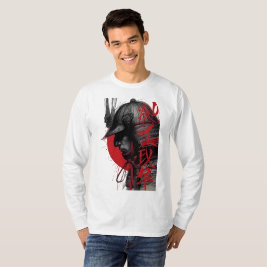 Edgy Samurai Warrior Japanese Red Sun Long Sleeve Tシャツ (正面フル)