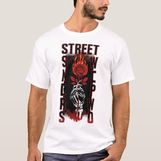 Edgy Skeleton Hand Holding Burning Rose Streetwear Tシャツ (正面)
