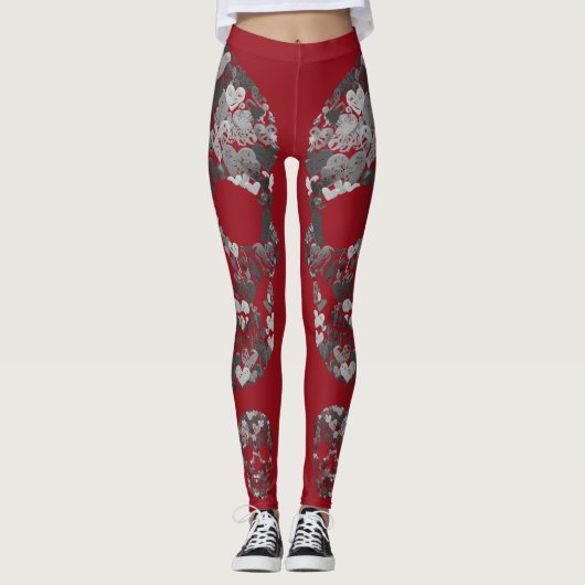 Edgy Skull Pattern | Grey Skulls on Red レギンス (正面)