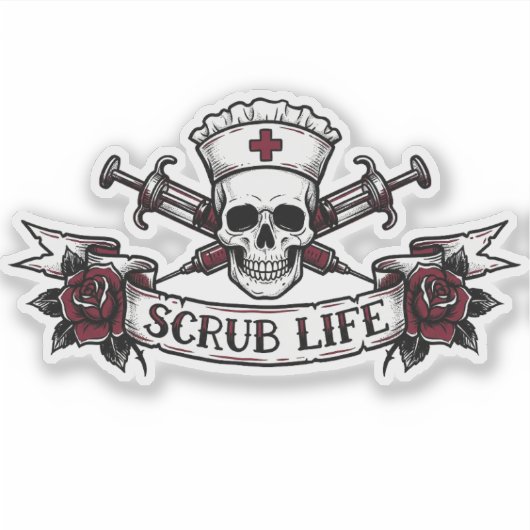 Edgy Tattoo Skull Nurse Scrub Life シール (正面)