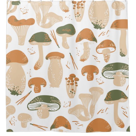 Edible Mushrooms seamless pattern. Linocut old sty シャワーカーテン (正面)