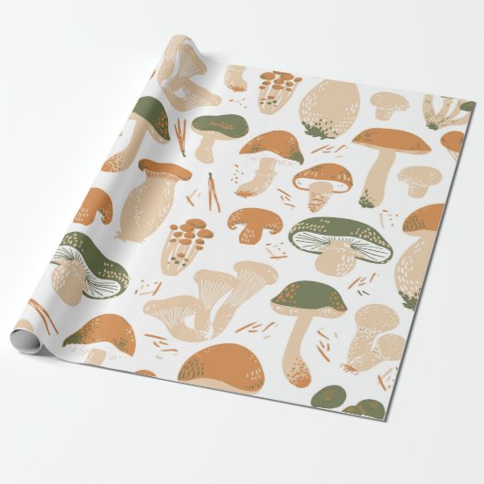 Edible Mushrooms seamless pattern. Linocut old sty ラッピングペーパー (アンロールド)