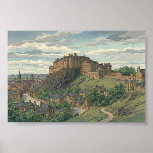Edinburgh Castle Japanese Woodblock Print ポスター (正面)