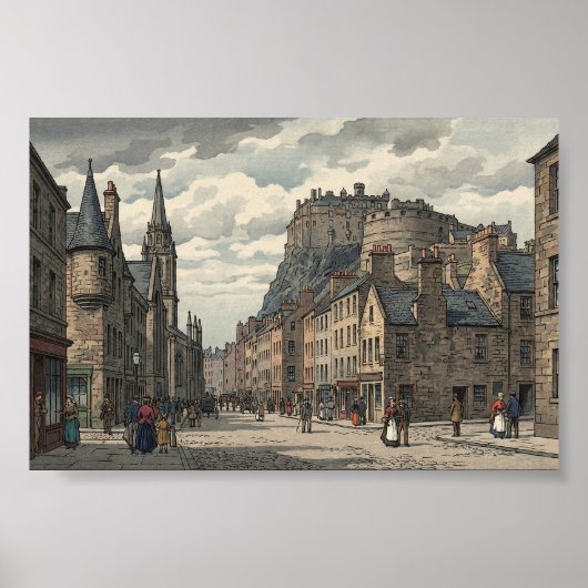 Edinburgh Old Town Japanese Woodblock Print ポスター (正面)