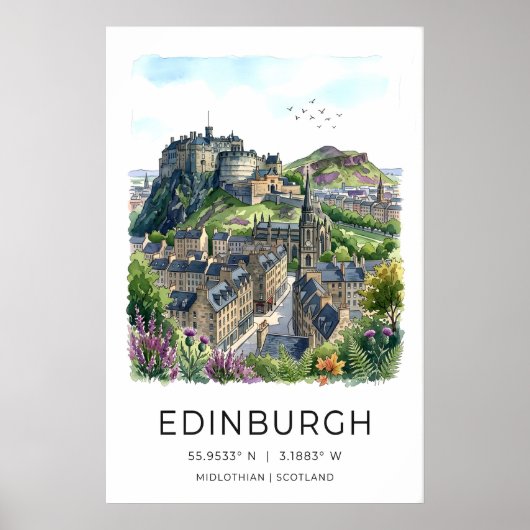 Edinburgh Wall Art Soft Watercolor Skyline ポスター (正面)
