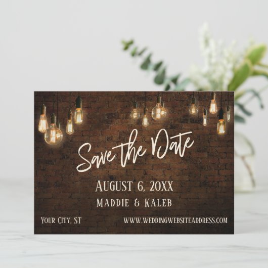 Edison Lights付きレンガ日付と詳細を保存 セーブザデート (スタンド正面)