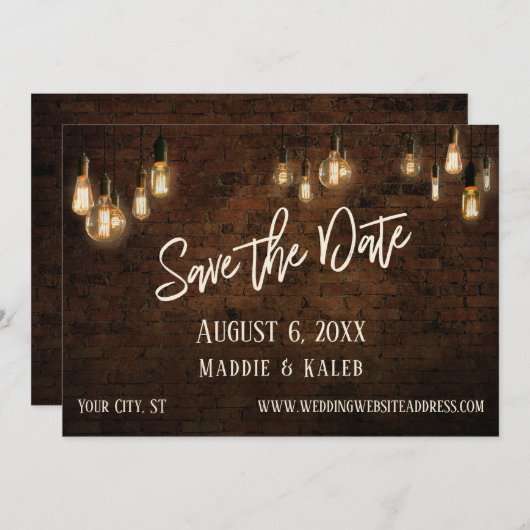 Edison Lights付きレンガ日付と詳細を保存 セーブザデート (正面/裏面)