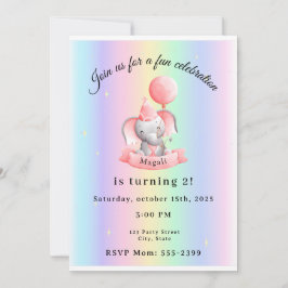 Editable 2nd Birthday Invitation Cute Elephant 招待状