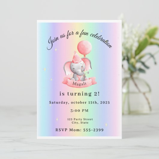 Editable 2nd Birthday Invitation Cute Elephant 招待状 (スタンド正面)