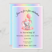 Editable 2nd Birthday Invitation Cute Elephant 招待状 (正面/裏面)