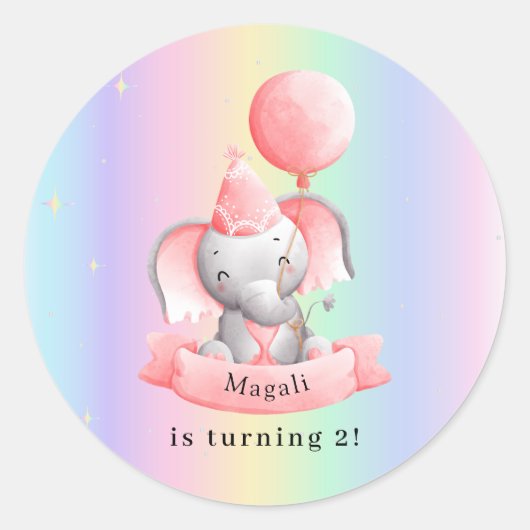 Editable 2nd Birthday Sticker Cute Elephant ラウンドシール (正面)