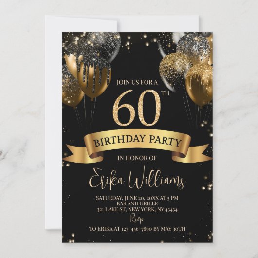 Editable 60th Birthday Invitation: Black & Gold Ba 招待状 (正面)