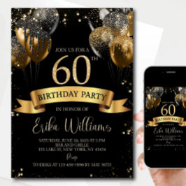 Editable 60th Birthday Invitation: Black & Gold Ba 招待状